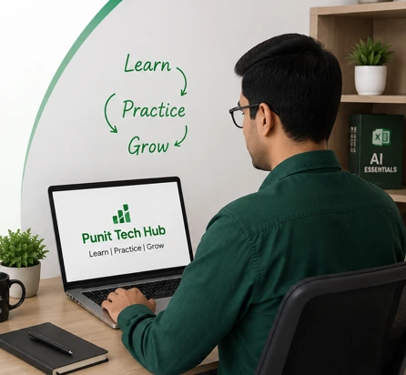 Professional technology workspace representing Excel, AI and Mainframe learning with career growth guidance at Punit Tech Hub