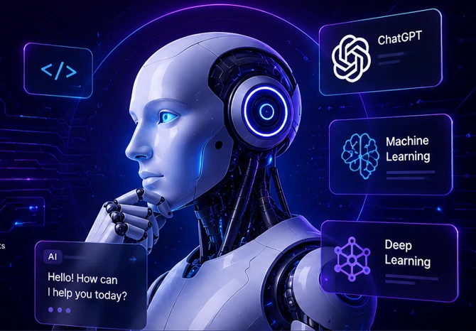 AI learning resources dashboard showing Artificial Intelligence tutorials, Machine Learning, Deep Learning and ChatGPT courses by Punit Tech Hub