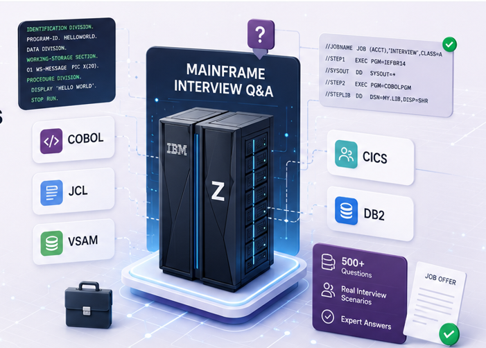 Professional mainframe interview preparation platform featuring COBOL, JCL, DB2, CICS, and VSAM learning resources with technical documentation and career development focus.